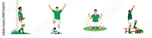 Flat illustration set of a soccer player in a green uniform celebrating victory, training, and posing on the field and locker room.