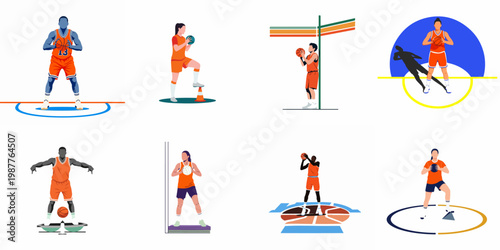 Collection of flat vector illustrations featuring diverse basketball players in various poses, drills, and training exercises on a white background.
