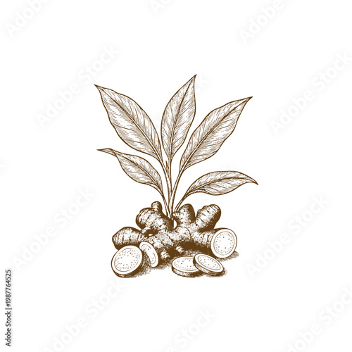 Hand drawn vintage engraving illustration of fresh ginger root with leaves and slices isolated on white background.