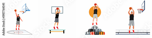 Set of basketball player flat illustrations showing jumping, shooting, and dunking actions on court, platform, and over obstacles on white background.