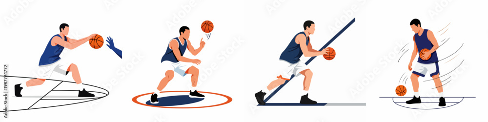 Naklejka premium Set of Basketball Player Characters in Action Including Dribbling and Passing Isolated on White Background