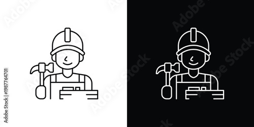 Skilled construction worker icon. Builder in hard hat holding hammer and wood planks, representing renovation, repair, and craftsmanship services