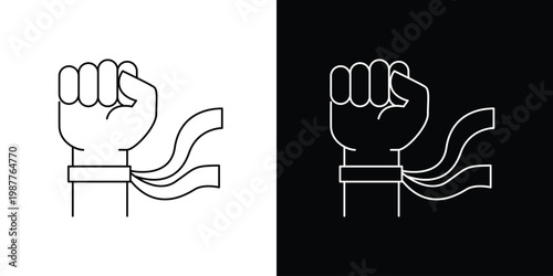 Single icon of symbolic fist with ribbon representing protest and human rights advocacy, abstract graphic