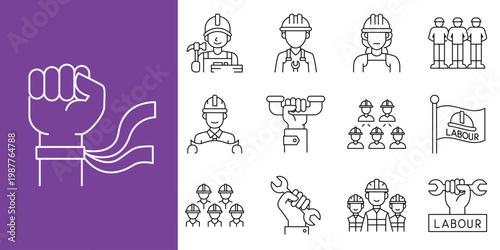 Icon set illustrating concepts of labor rights, worker solidarity, and industrial work