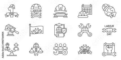 Comprehensive Vector Line Art Icon Set for Labour Day Celebrations, Industrial Professions, and Worker Safety Concepts