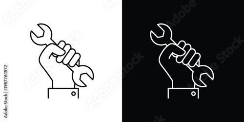 Clean line art icon of a human hand firmly gripping a wrench, symbolizing mechanical repair, technical assistance, service, and essential maintenance solutions for various industries