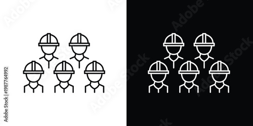 Minimalist line art icon showcasing a team of three construction workers wearing hard hats, representing industry, safety, and collaborative workforce