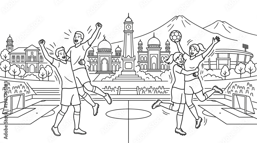 Fototapeta premium Soccer Fans Celebrate Goal in Front of Landmarks