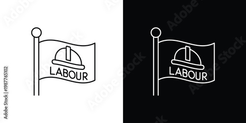 Flag with hard hat and text labor icon illustration on white and black backgrounds