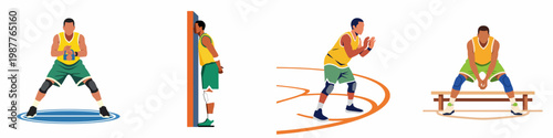Collection of flat illustrations showing a male athlete in various training and sports poses including kettlebell exercise, defensive stance, and resting on bench.