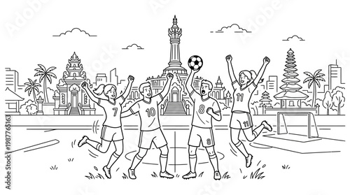 Celebrating Soccer Team in Front of Balinese Landmark