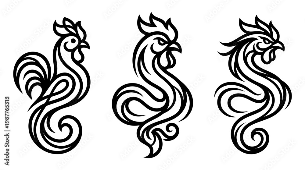 Fototapeta premium Stylized Rooster Logos in Black and White