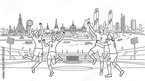 Soccer Team Celebrates Victory with Bangkok Cityscape