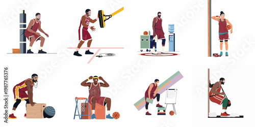 Set of flat vector illustrations featuring basketball players and coaches in various training, coaching, and resting scenarios, including pandemic safety measures.