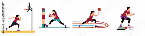 Flat vector illustration set of female basketball players performing various training exercises and drills on the court.