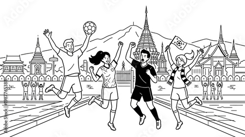 Joyful Group of Friends Celebrating Sports Victory in Thailand