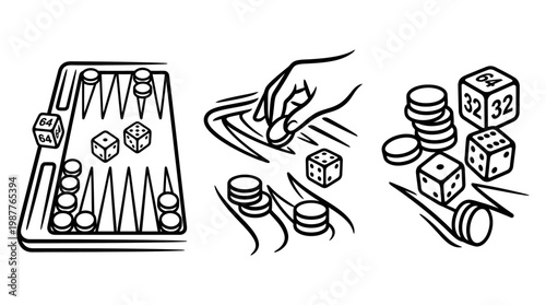 Backgammon Game Elements in Black and White