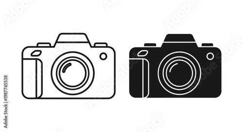 Professional DSLR camera icon set featuring minimalist outline and solid silhouette styles, ideal for photography branding, mobile app interfaces, and creative media projects.