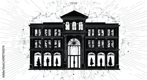 Building silhouette featuring a grand neoclassical facade stands prominently against a radiant sunburst background to convey a sense of historical importance and architectural elegance.