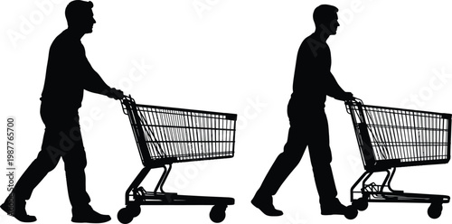 Two silhouettes of men pushing shopping carts isolated on white background shopping cart shopping