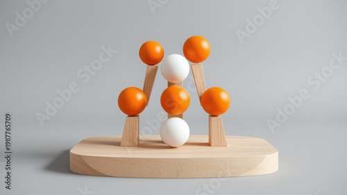 Wooden display stand with orange and white balls