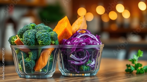 Fresh vegetables in glass bowls on wooden table
