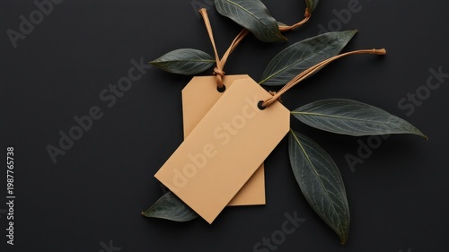 blank cardboard tags with green leaves on black background