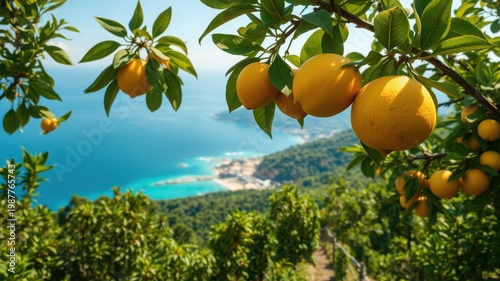 lemons on a tree overlooking a coastal landscape