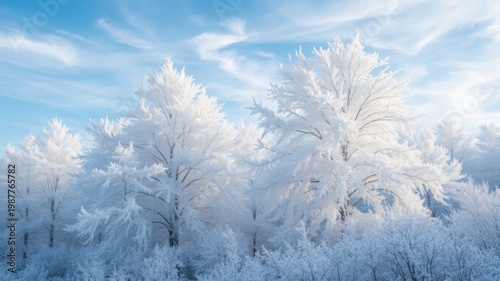 Frost Covered Trees Under Bright Blue Sky in Winter Forest