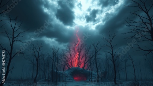 Mysterious Red Light Beams Through Dark Forest Under Stormy Sky