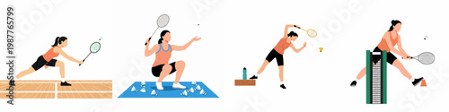 Flat Illustration of Female Badminton Players in Various Action Poses and Training Scenarios on White Background