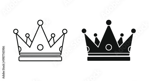 Elegant royal crown icon set featuring outline and solid black silhouette designs for king or queen branding, luxury awards, and premium quality symbols.