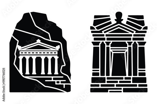 Ancient temple architectures and petra style treasury on cliff vector