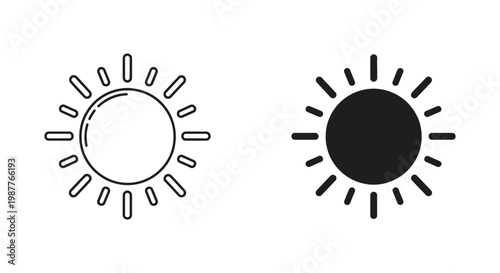 Minimalist sun icon set with outline and solid black styles for weather forecasting and user interface design elements