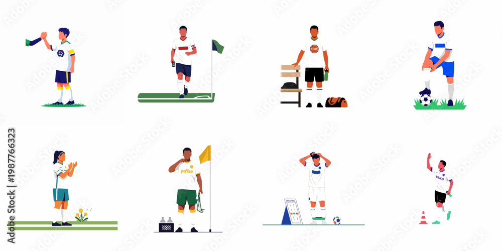 Fototapeta premium Collection of flat vector illustrations featuring diverse soccer players in various poses and scenarios, including training, match moments, and locker room scenes.