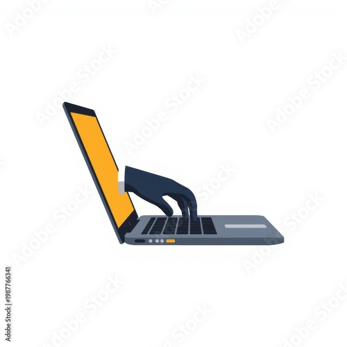 A hand on a laptop keyboard with the screen open isolated on white background