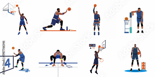 Flat Illustration Set of a Professional Basketball Player in Various Training and Action Poses Isolated on White Background