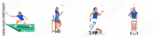 Set of flat illustrations featuring female badminton players in different action poses, training and competing on a white background.
