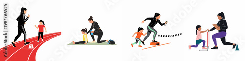 Flat vector illustration set of a female athletic coach training a young girl in track and field sports, including running, stretching, and exercises.