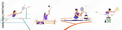 Flat illustration set of a flexible female athlete playing badminton and tennis while performing splits on various surfaces and courts.