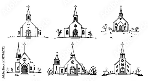 Church and Easter symbols set with simple black line art on white background featuring religious motifs, icons, festivity with cross and Easter eggs and church architecture