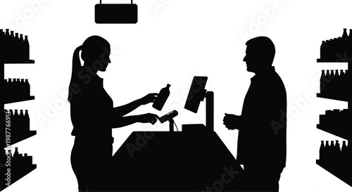 Silhouette of a cashier handing a bottle to a customer at a checkout counter in a store