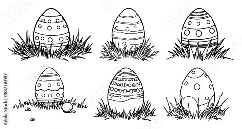 Easter egg hunt set with black line art posters on white background featuring Easter, egg, hunt with seasonal celebration and family fun
