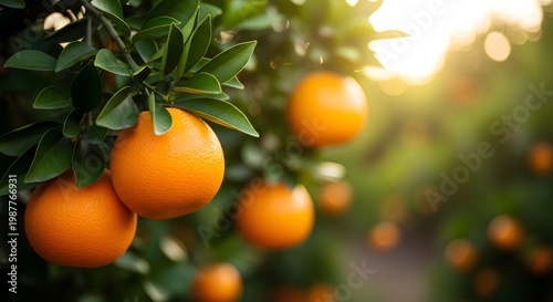 Ripe oranges hanging from a tree in golden sunlight