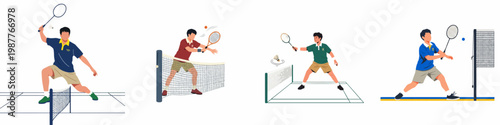 Illustrations of Male Athletes Playing Badminton and Tennis, Featuring Dynamic Action Poses and Sports Equipment Isolated on White.