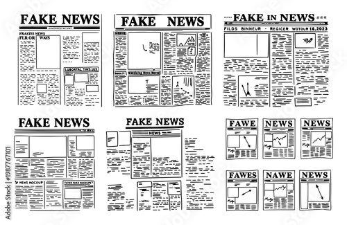 Fake news poster set with mockups black line art and white background featuring illustration, line art, vector with satire and media