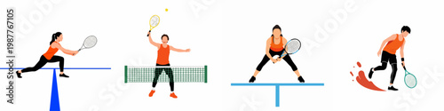 Set of flat vector illustrations featuring male and female tennis players in dynamic action poses on a white background.