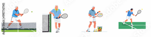 Collection of flat vector illustrations depicting senior and young men playing tennis, practicing with balls, and posing on a court.