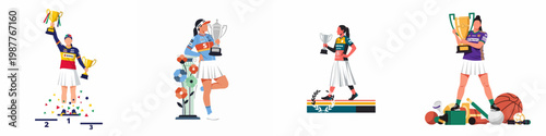 Flat vector illustrations of female athletes celebrating sports victories and holding championship trophies, representing achievement, success, and athletic empowerment in a collection.