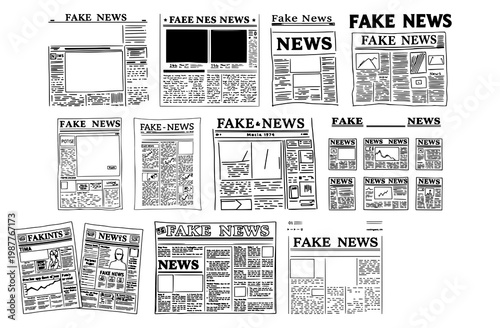 Fake news poster set with mockups black line art and white background featuring illustration, line art, vector with satire and media